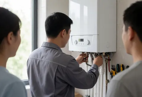 Technician installing a gas boiler in a bathroom with tiled walls and hanging tools, heating installation service.