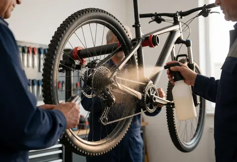 Close-up of a mechanic spraying degreaser on a dirty bicycle chain during a service repair in a workshop.