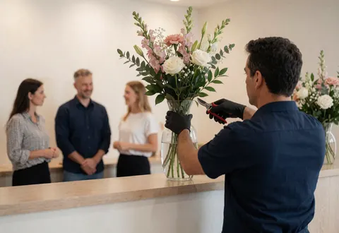 Florist adjusting a floral arrangement in a glass vase at a reception with customers watching in the background