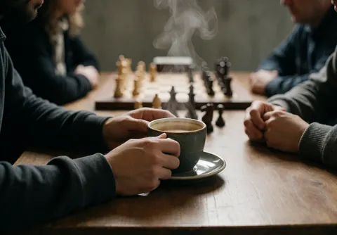 A steaming cup of coffee sits on a wooden chessboard in a chess school with concrete walls.