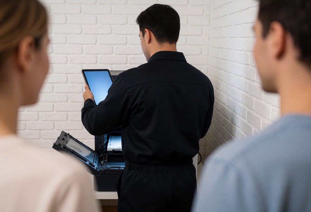 Printer repair technician checking an open printer using a tablet while two people observe from behind against a white brick wall.
