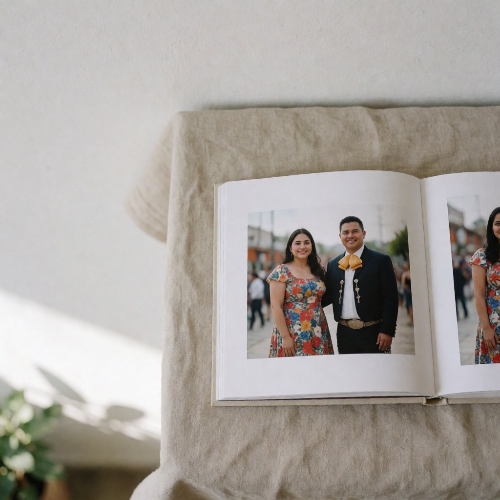 Open photo album displaying a couple dressed in traditional charro attire, placed on beige fabric with natural lighting, suitable for graduation photographers.