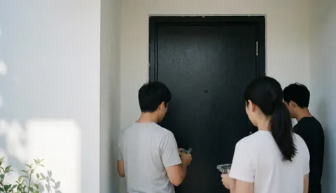 Three workers install a black door in a modern entryway with white walls and natural light, ideal for door installation services.