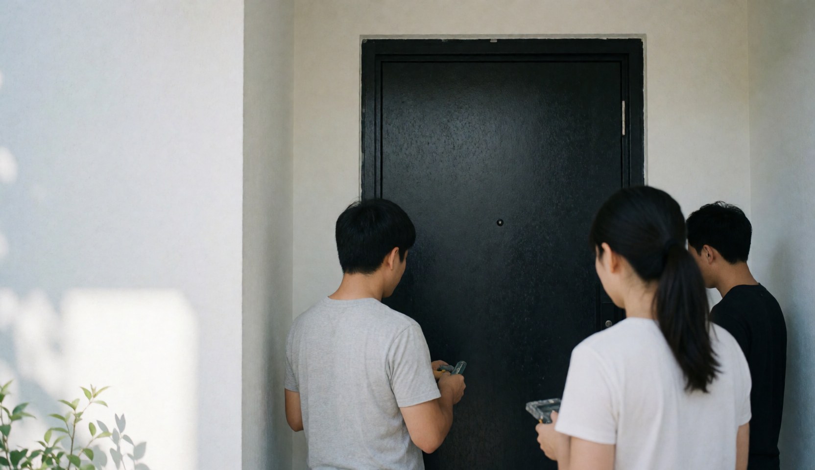 Three workers install a black door in a modern entryway with white walls and natural light, ideal for door installation services.
