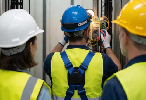 Technician in safety gear uses a multimeter on an elevator control panel while colleagues observe nearby.