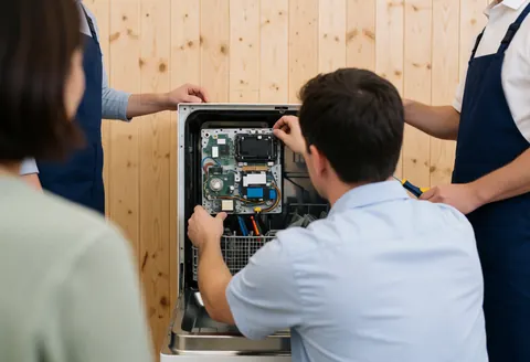 Technician repairing dishwasher control panel circuits in a workshop with wooden walls, showing the appliance interior.