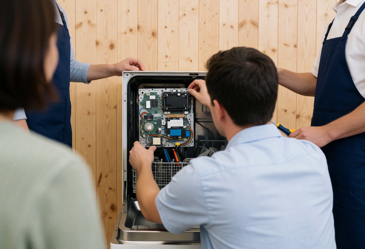 Technician repairing dishwasher control panel circuits in a workshop with wooden walls, showing the appliance interior.