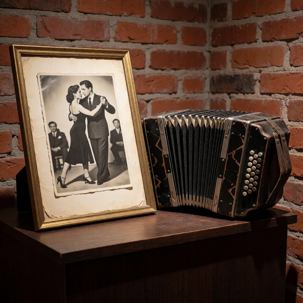 Framed vintage photo of a couple dancing tango in a studio, featuring an antique bandoneon on a wooden pedestal against a red brick wall