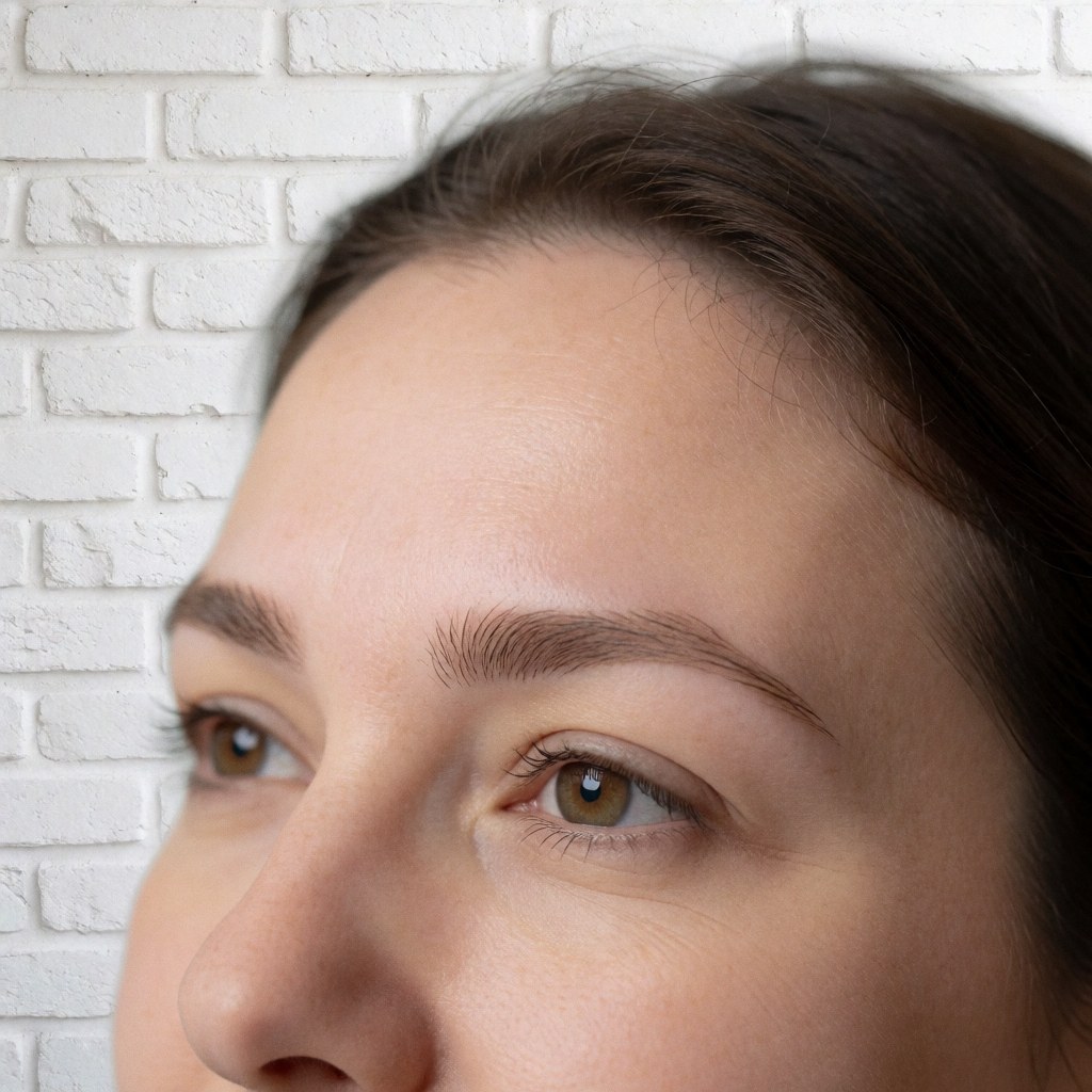 Close-up of a woman's face showing clean skin and well-defined eyebrows in front of a white brick wall, highlighting brow grooming details.