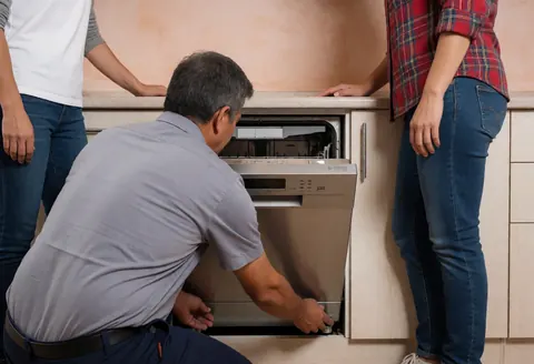 Technician adjusting feet of undercounter dishwasher with terracotta plaster walls while two people observe the service