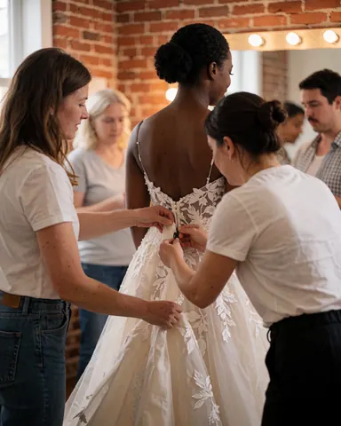 Wedding coordinator adjusts the train of a white wedding dress in a room with red brick walls and a lighted mirror