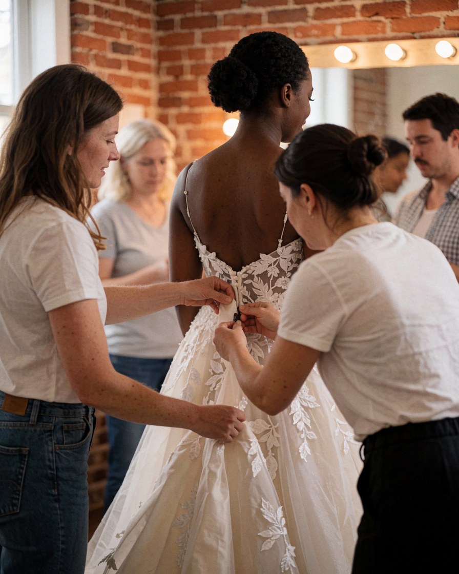 Wedding coordinator adjusts the train of a white wedding dress in a room with red brick walls and a lighted mirror