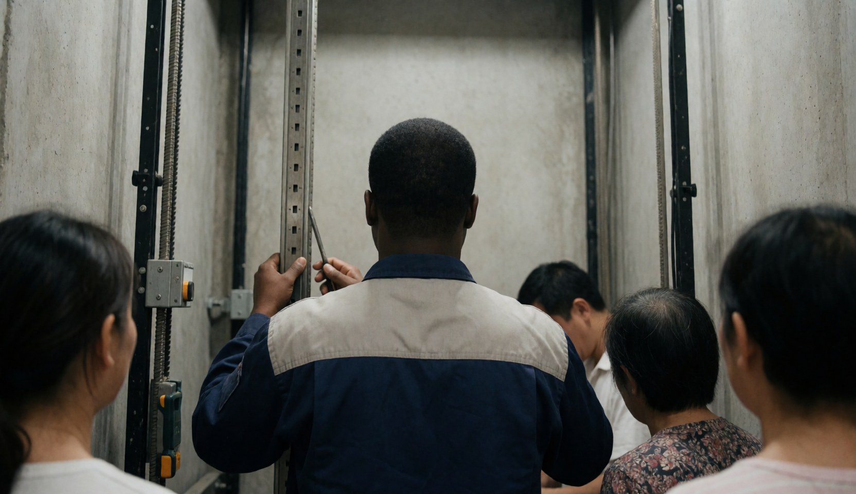 Technician checking elevator rails in a concrete shaft with a measuring tool while people watch the work.