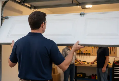 Technician lifting a white garage door panel in a workshop with tools on the wall and ceiling lights