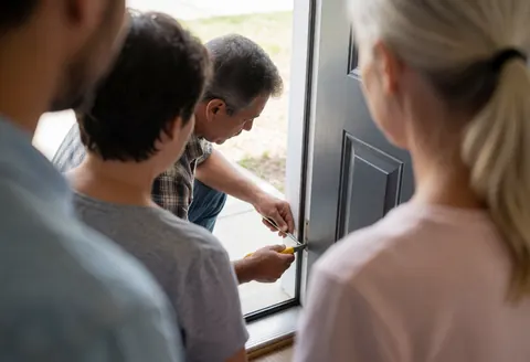 Carpenter using a tool to apply sealant to an exterior door while customers watch the professional installation service in action.