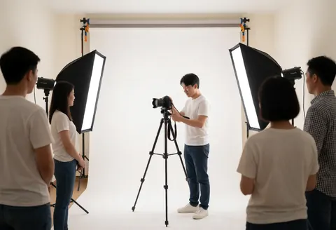Professional photographer in a studio with white background, softbox, and equipment, surrounded by people observing the service.