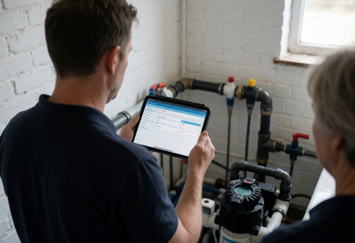 Pool technician checks equipment using a tablet while a client observes nearby against a white brick wall.