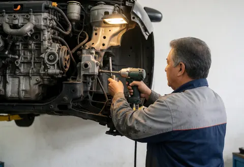 Mechanic using an impact wrench on a vehicle chassis in a vehicle recycling workshop with industrial lighting and a white wall