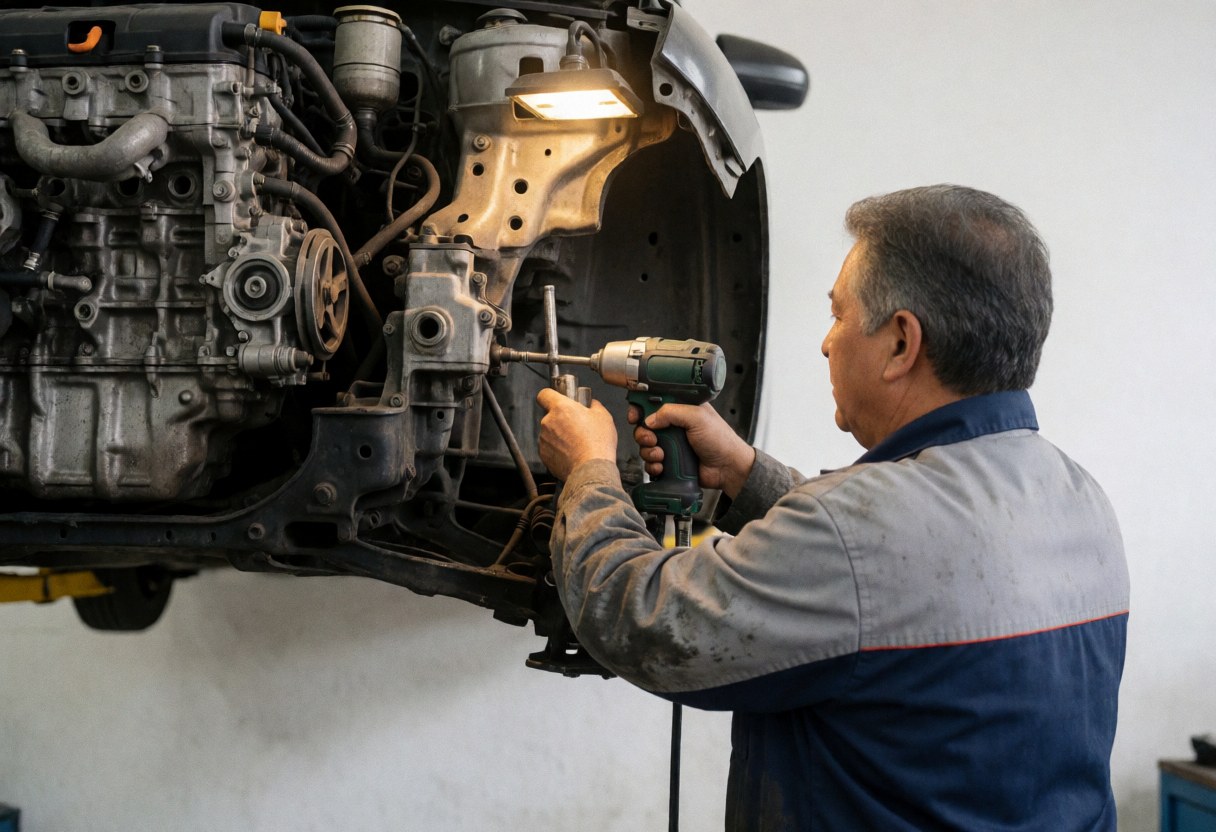 Mechanic using an impact wrench on a vehicle chassis in a vehicle recycling workshop with industrial lighting and a white wall