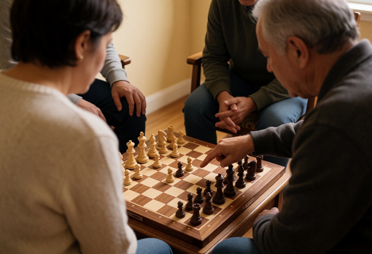 A chess teacher points to a move on a wooden board while teaching a student in a room with beige walls and warm lighting