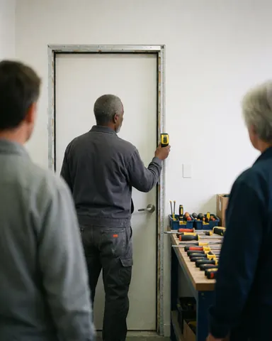 Technician measuring a door frame with tools on a workbench against white walls, showing door installation service in action.