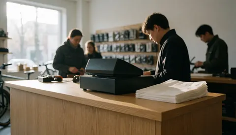 Black cash register on a wooden counter in a bicycle shop with people working in the background and accessory shelves.