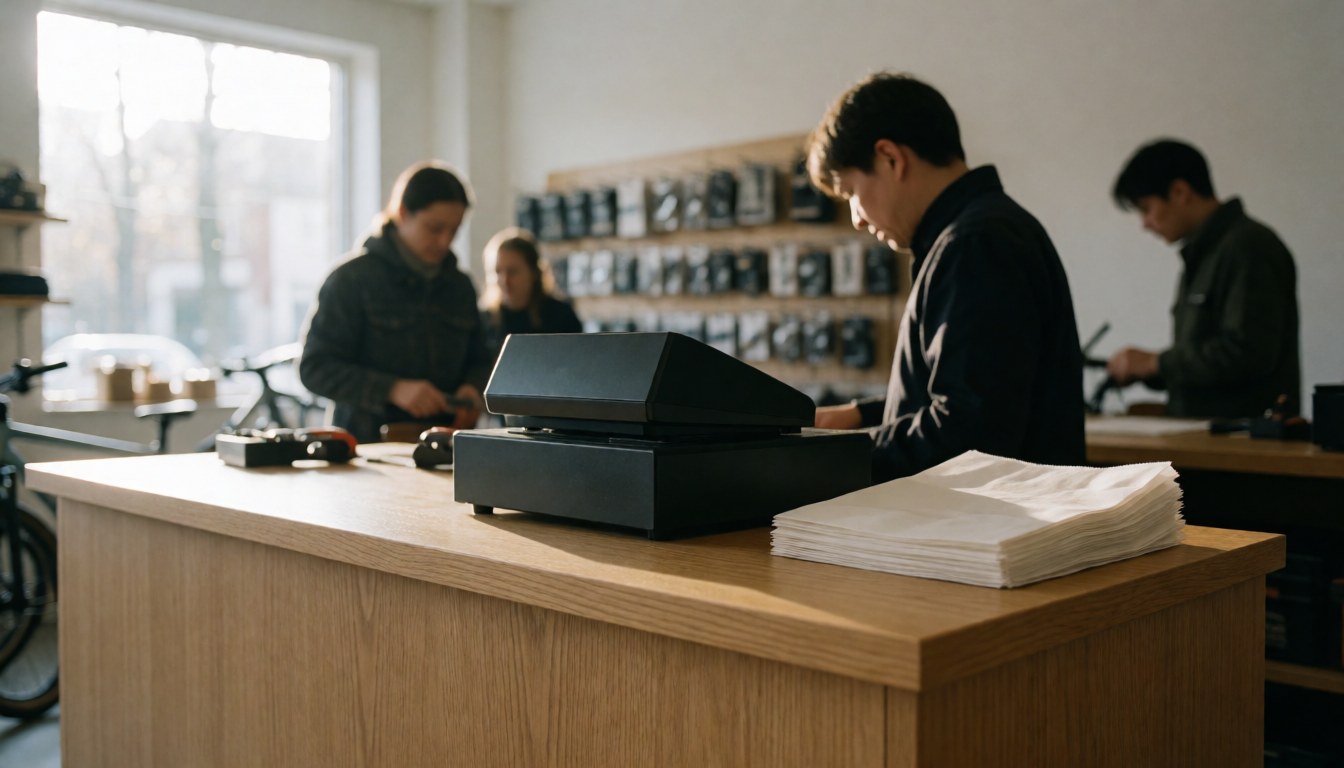 Black cash register on a wooden counter in a bicycle shop with people working in the background and accessory shelves.