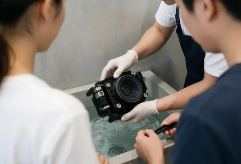 Two technicians wearing gloves clean an underwater camera in a concrete water tank using specialized tools.