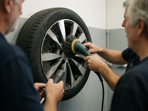 Close-up of an electric brush cleaning a car wheel with water and soap against a clean gray wall.