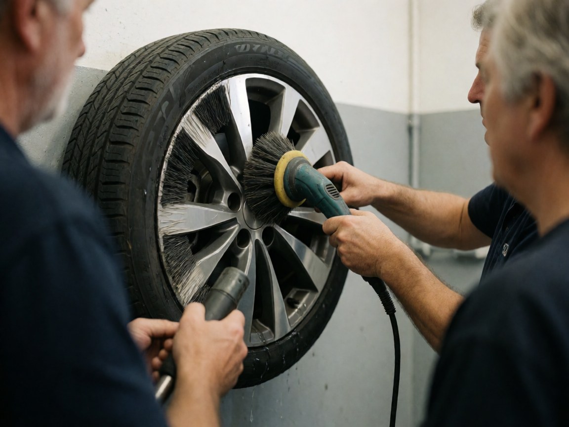 Close-up of an electric brush cleaning a car wheel with water and soap against a clean gray wall.