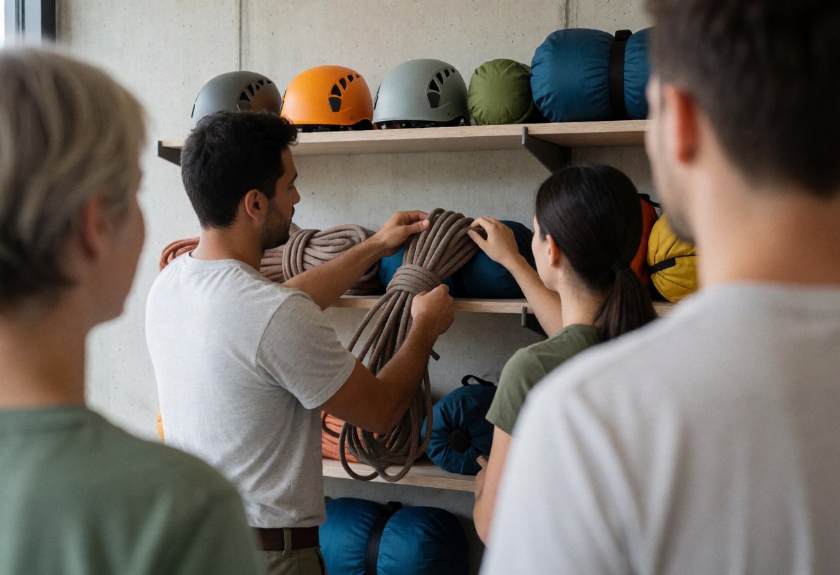 Staff members inspecting climbing ropes inside a mountain hut with helmets and backpacks on shelves