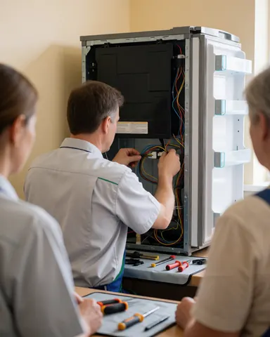 Technician connecting wires in refrigerator with back panel removed, tools on protective cloth, beige walls, two people watching.