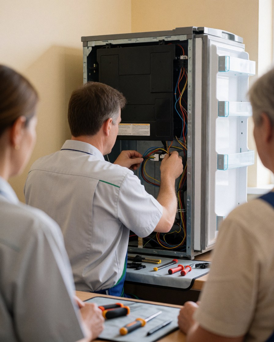Technician connecting wires in refrigerator with back panel removed, tools on protective cloth, beige walls, two people watching.