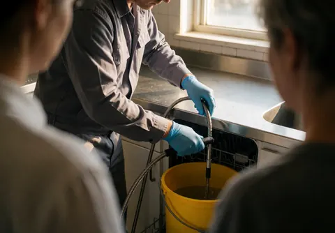 Technician installing a drain in a dishwasher during a repair service