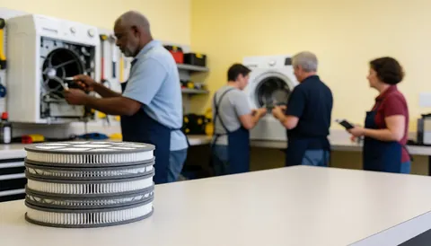 New dryer filters placed on a white table in a spacious repair workshop with technicians working in the background.