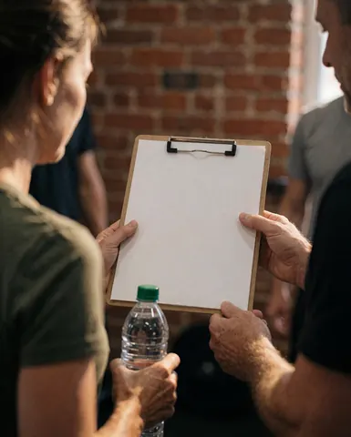 Fitness trainer holding a clipboard with a plan while interacting with a client in a gym with a brick wall background