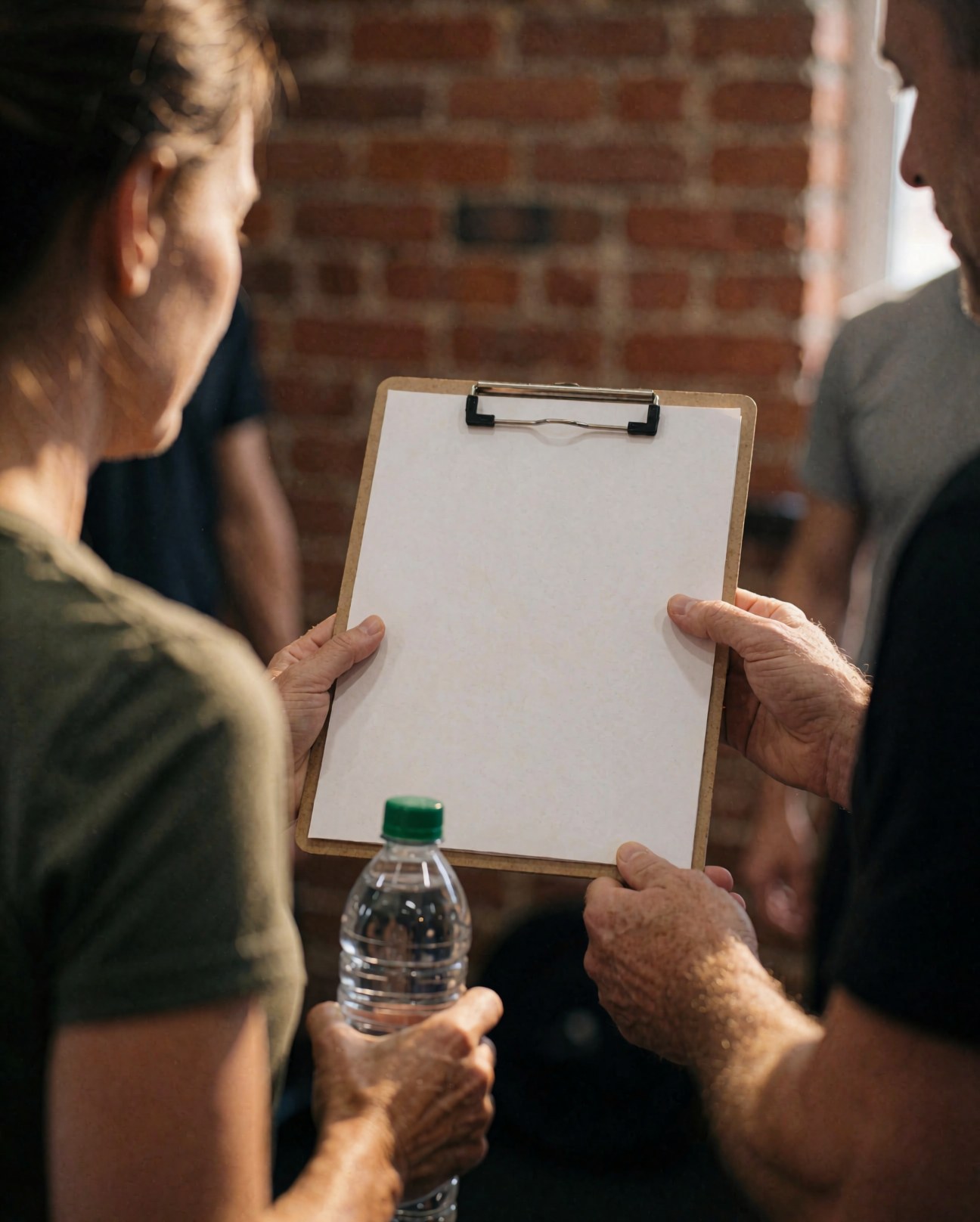 Fitness trainer holding a clipboard with a plan while interacting with a client in a gym with a brick wall background