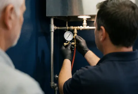 Technician wearing black gloves adjusts a manometer on a bronze gas valve beneath a stove while a client observes nearby against a dark blue wall.