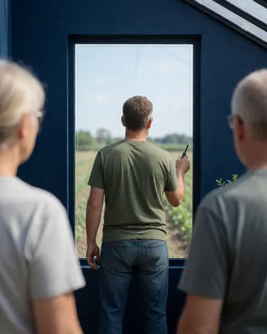 A man inspects a clean greenhouse window while two people watch from behind against a dark blue wall with a green field visible.