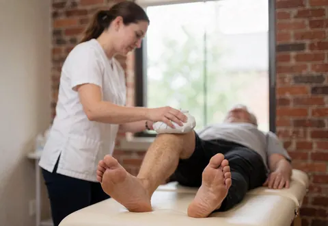 Physiotherapist applying ice pack to patient knee during treatment in clinic with brick wall background