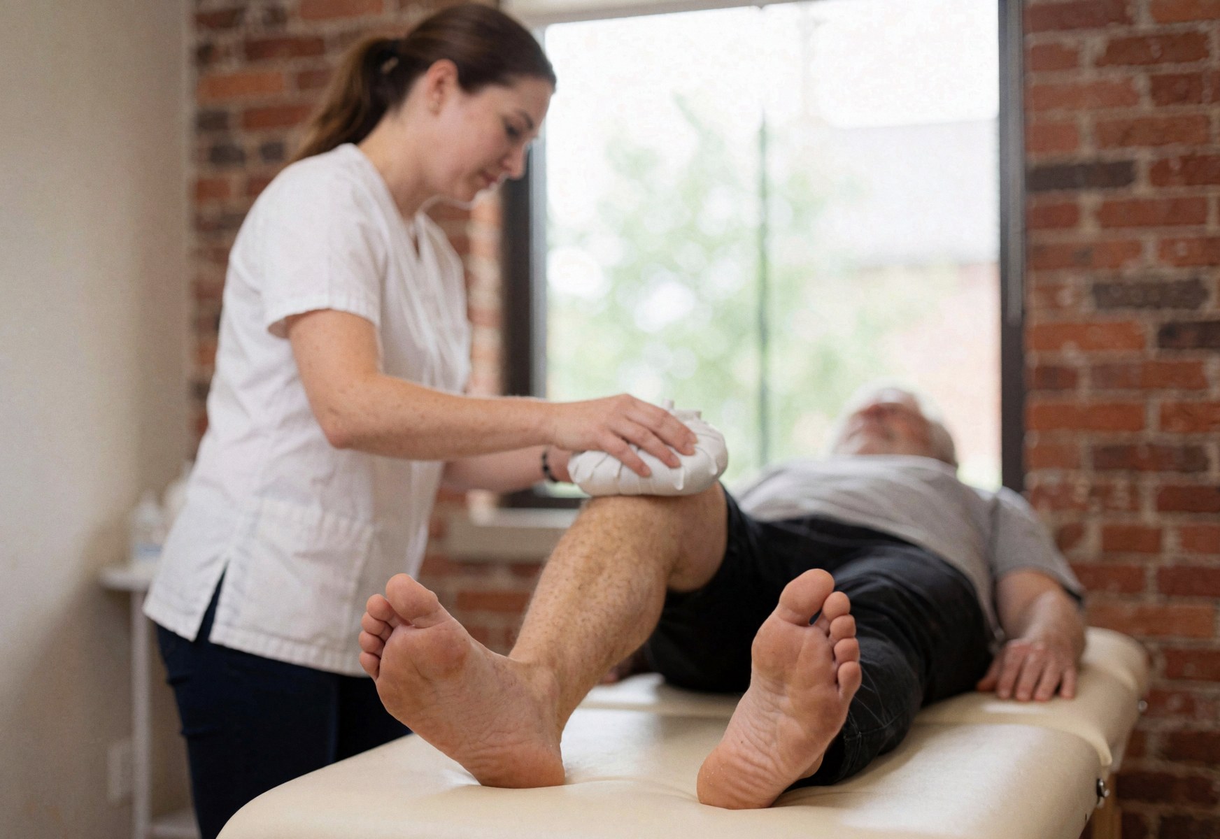 Physiotherapist applying ice pack to patient knee during treatment in clinic with brick wall background