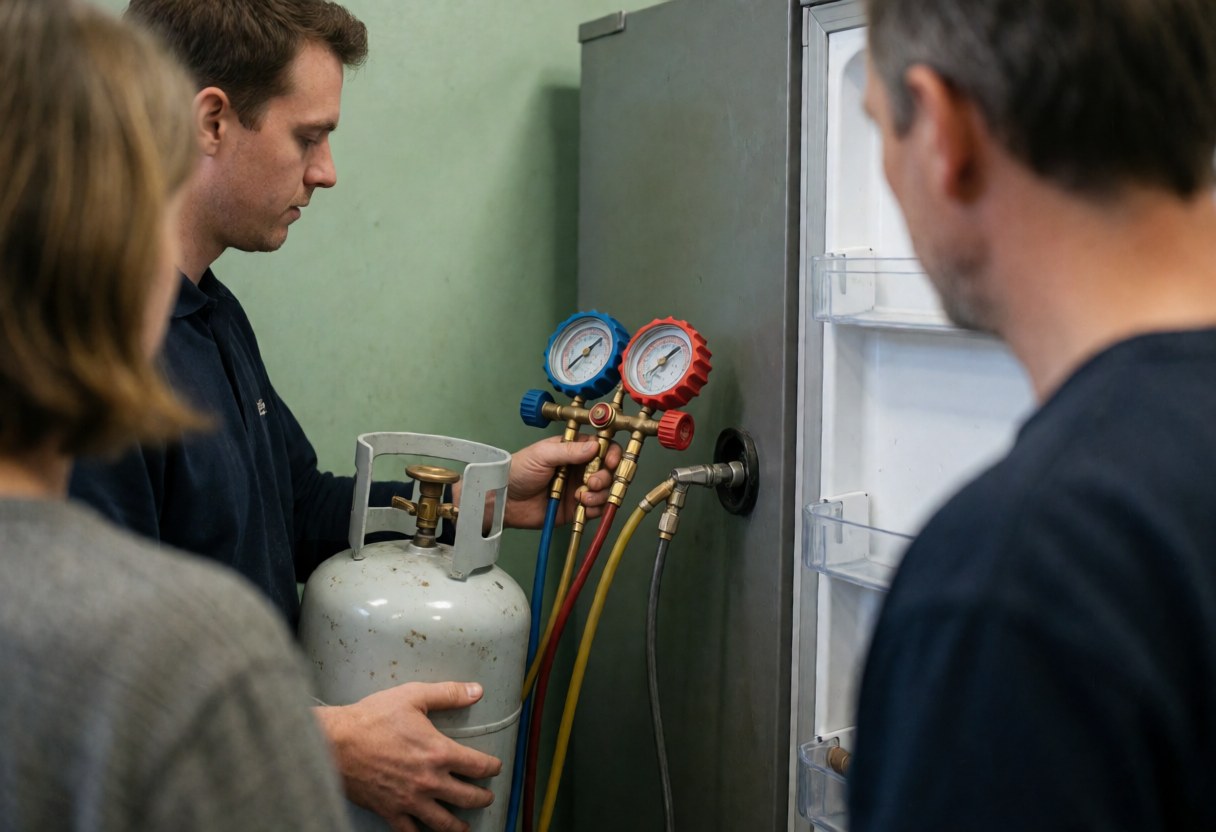 Technician connects a manometer to an open refrigerator while three people observe the repair service against a green wall.