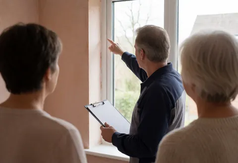 Technician in uniform points to a window frame while two clients watch in a room with light walls