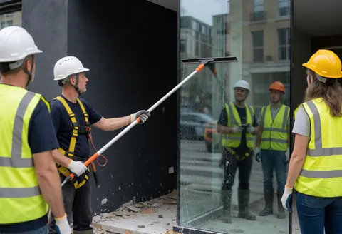 Worker with long pole cleans glass panel at construction site with black walls and urban reflections