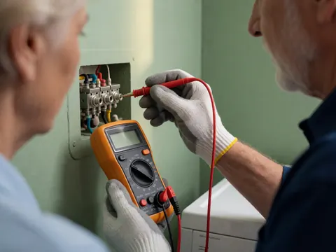 Technician wearing gloves uses a digital multimeter to measure voltage on a washing machine terminal against a green wall.