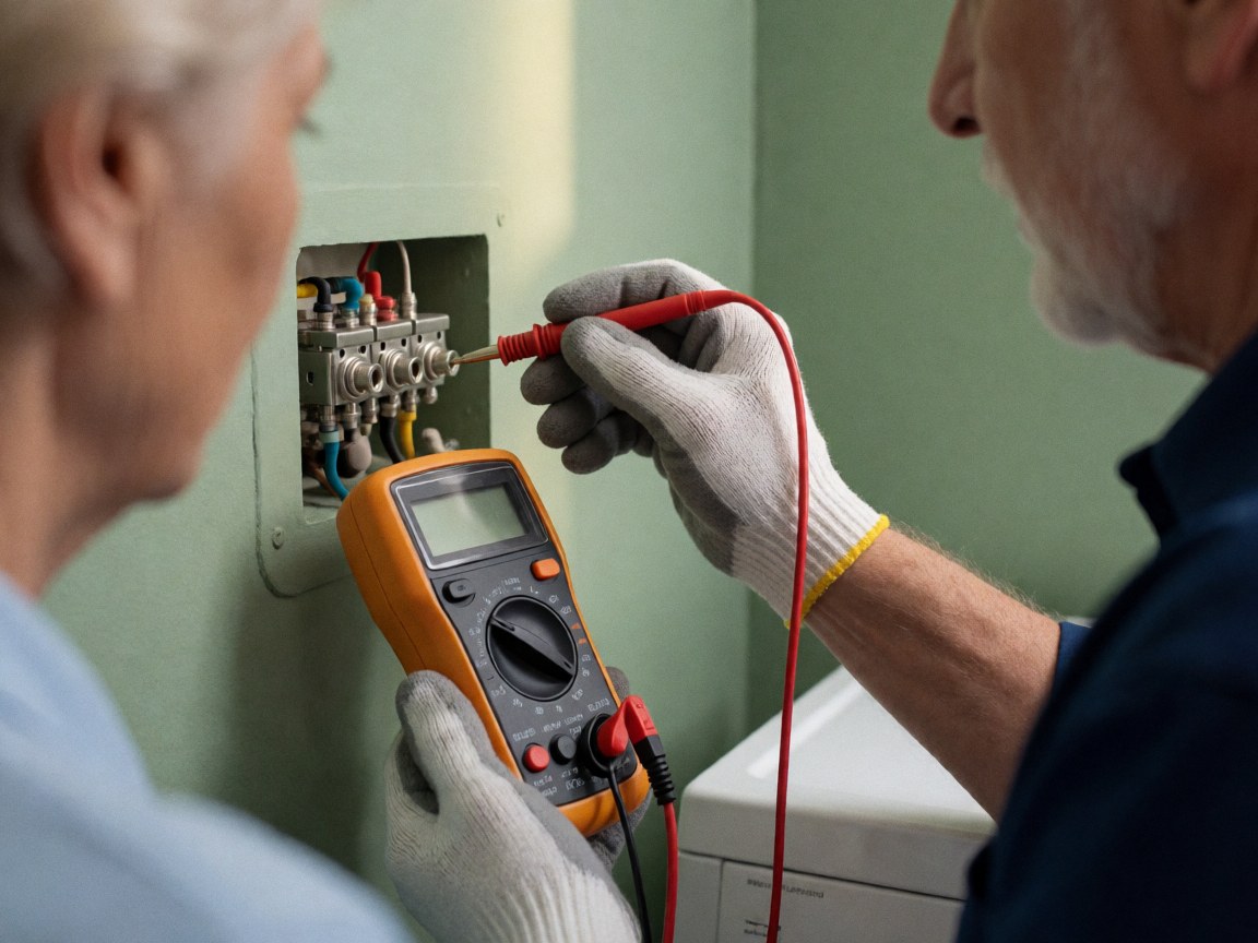 Technician wearing gloves uses a digital multimeter to measure voltage on a washing machine terminal against a green wall.