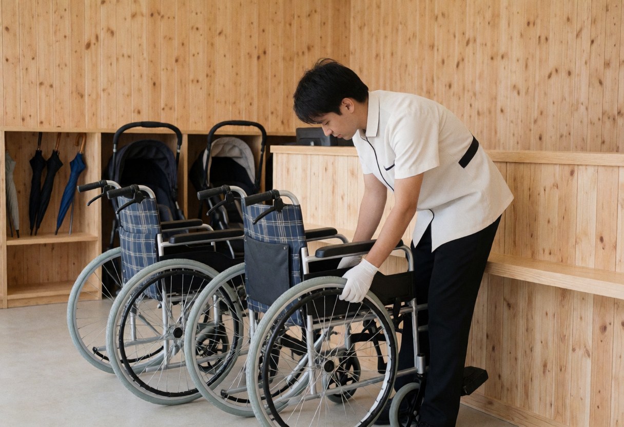 Zoo staff member checking wheelchair wheels in a rental area with light wood walls and available chairs.