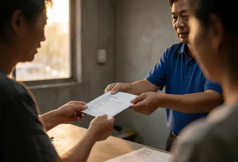 A technician hands documents to a client at a desk in a workshop with concrete walls and warm window light