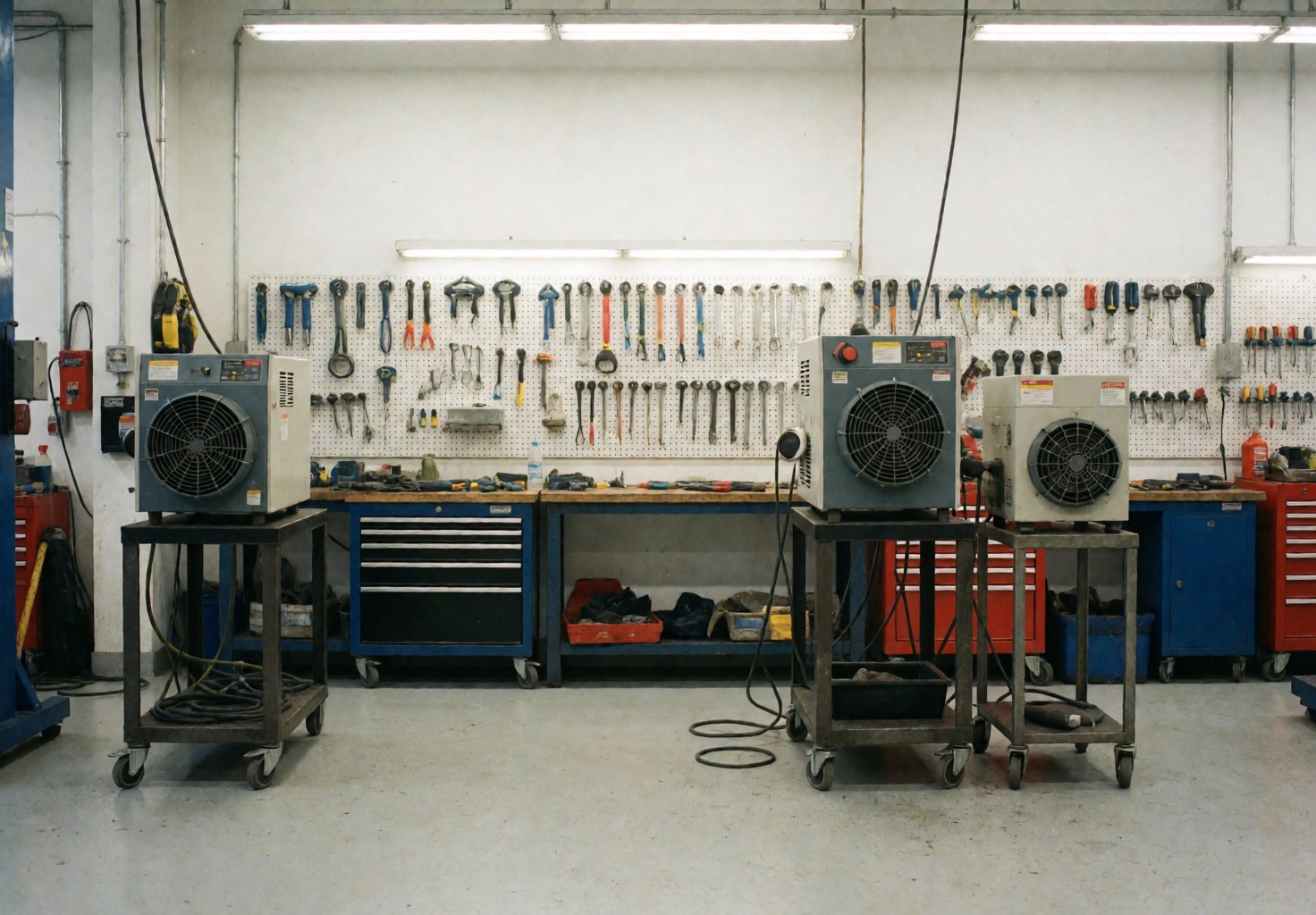 Industrial dryers on carts in a repair shop with tools on the wall and polished concrete floor