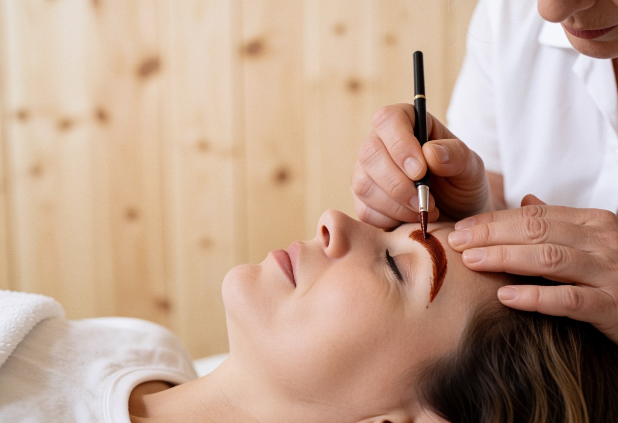 Professional applying henna to eyebrow with fine applicator against light wood wall during lamination service